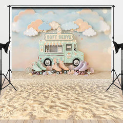 Aperturee - Aperturee Pastel Ice Cream Truck Soft Serve Combo Set Backdrop with Roller Skates Dreamy Clouds and Beach Sand for Summer Party