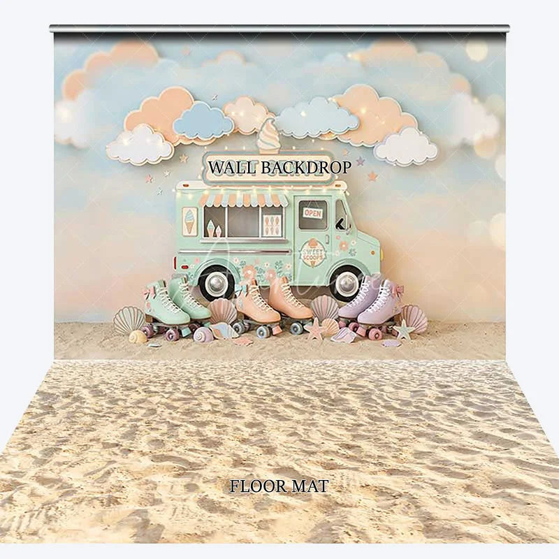 Aperturee - Aperturee Pastel Ice Cream Truck Soft Serve Combo Set Backdrop with Roller Skates Dreamy Clouds and Beach Sand for Summer Party