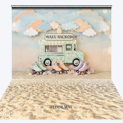 Aperturee - Aperturee Pastel Ice Cream Truck Soft Serve Combo Set Backdrop with Roller Skates Dreamy Clouds and Beach Sand for Summer Party
