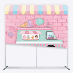 Aperturee - Aperturee Pastel Ice Cream Truck Tension Fabric Backdrop Pink Brick Wall Sweet Birthday Party Decoration
