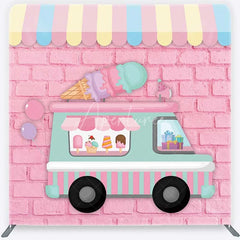 Aperturee - Aperturee Pastel Ice Cream Truck Tension Fabric Backdrop Pink Brick Wall Sweet Birthday Party Decoration