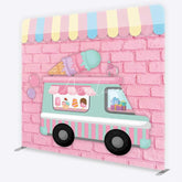 Aperturee - Aperturee Pastel Ice Cream Truck Tension Fabric Backdrop Pink Brick Wall Sweet Birthday Party Decoration