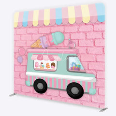 Aperturee - Aperturee Pastel Ice Cream Truck Tension Fabric Backdrop Pink Brick Wall Sweet Birthday Party Decoration
