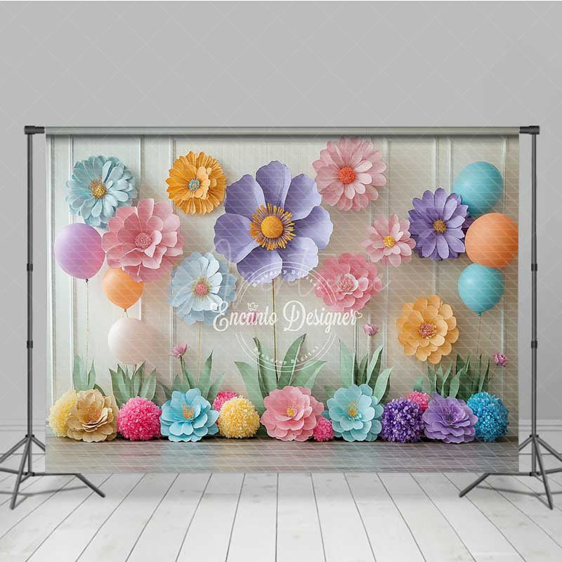 Aperturee - Aperturee Pastel Paper Flowers Cake Smash Backdrop Colorful 3D Floral Wall with Balloons First Birthday Photo Prop
