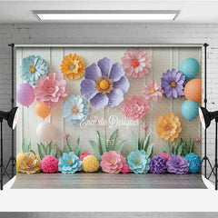 Aperturee - Aperturee Pastel Paper Flowers Cake Smash Backdrop Colorful 3D Floral Wall with Balloons First Birthday Photo Prop
