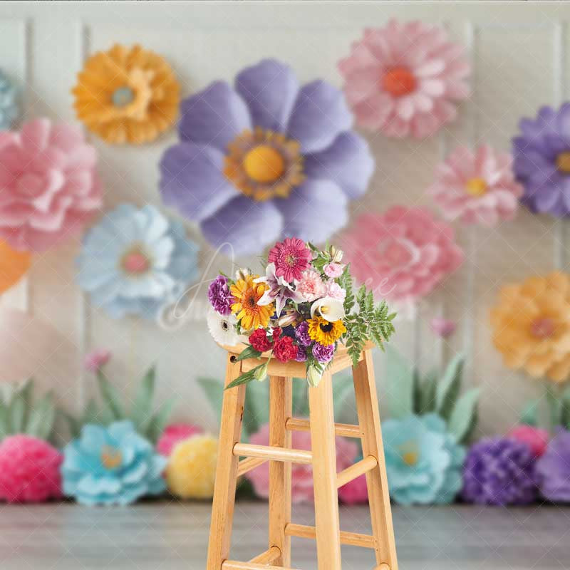 Aperturee - Aperturee Pastel Paper Flowers Cake Smash Backdrop Colorful 3D Floral Wall with Balloons First Birthday Photo Prop