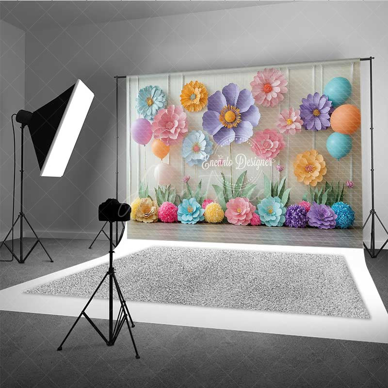 Aperturee - Aperturee Pastel Paper Flowers Cake Smash Backdrop Colorful 3D Floral Wall with Balloons First Birthday Photo Prop