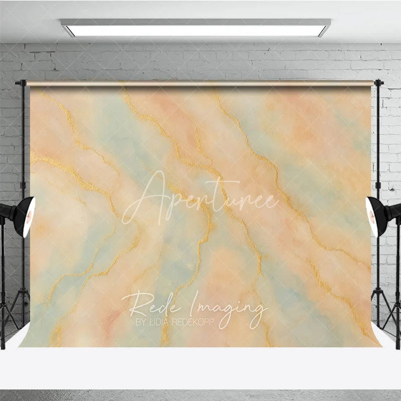 Aperturee - Aperturee Pastel Peach and Blue Abstract Watercolor Photography Backdrop Elegant Gold Veins Artistic Studio Prop