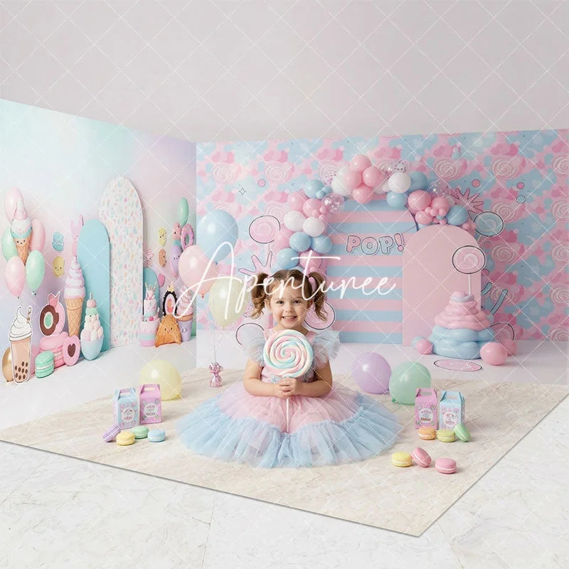 Aperturee - Aperturee Pastel Pink and Blue Candy Land Sweet Shop Room Set Backdrop Ice Cream Donut Balloon Arch Birthday Party Decor
