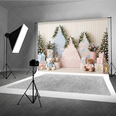 Aperturee - Aperturee Pastel Pink and Blue Plaid Holiday Backdrop with Snowy Christmas Trees Gifts and Teddy Bears Winter Photoshoot Decor