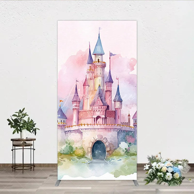 Aperturee - Aperturee Pastel Pink and Purple Watercolor Castle Fairytale Rectangle Arch Backdrop Dreamy Princess Birthday Party Decor