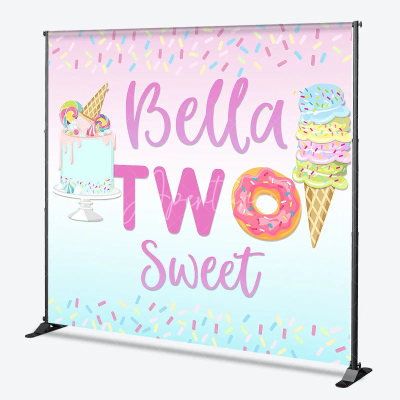 Aperturee - Aperturee Pastel Pink Blue Sweet Candy Donut Ice Cream Cake Custom Backdrop Two Sweet Birthday Party Decor