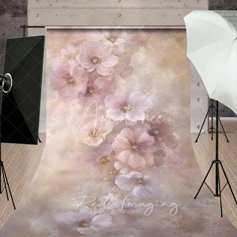 Aperturee - Aperturee Pastel Pink Floral Sweep Backdrop Soft Painted Flowers Photography Floor Mat Fine Art Spring Decoration
