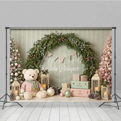 Aperturee - Aperturee Pastel Pink Green Christmas Trees Holiday Backdrop Festive Garland with Teddy Bear and Gifts Winter Wonderland Decor