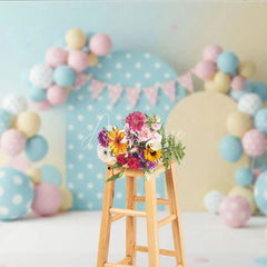 Aperturee - Aperturee Pastel Polka Dot and Balloon Arch Backdrop Colorful Circles and Bunting for Toddler Birthday Cake Smash