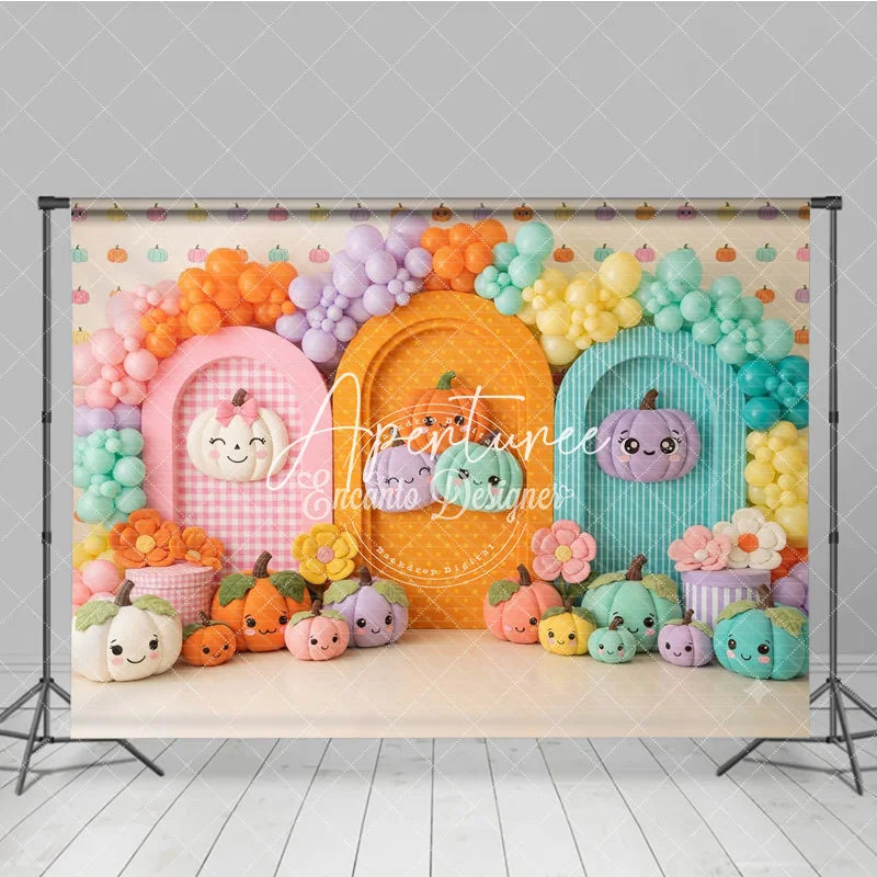 Aperturee - Aperturee Pastel Pumpkin Balloon Garland Arched Photography Backdrop Cute Fall Autumn Baby Kids Birthday Photo Booth Decor