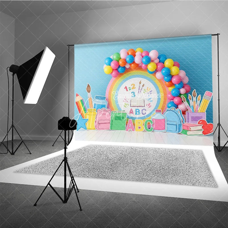 Aperturee - Aperturee Pastel Rainbow ABC 123 Back To School Backdrop Kindergarten Backpack Books Background Cute Photography Banner