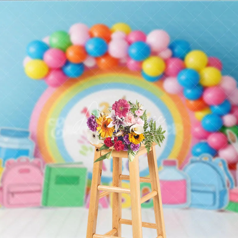 Aperturee - Aperturee Pastel Rainbow ABC 123 Back To School Backdrop Kindergarten Backpack Books Background Cute Photography Banner