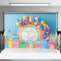 Aperturee - Aperturee Pastel Rainbow ABC 123 Back To School Backdrop Kindergarten Backpack Books Background Cute Photography Banner