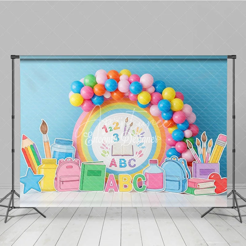 Aperturee - Aperturee Pastel Rainbow ABC 123 Back To School Backdrop Kindergarten Backpack Books Background Cute Photography Banner