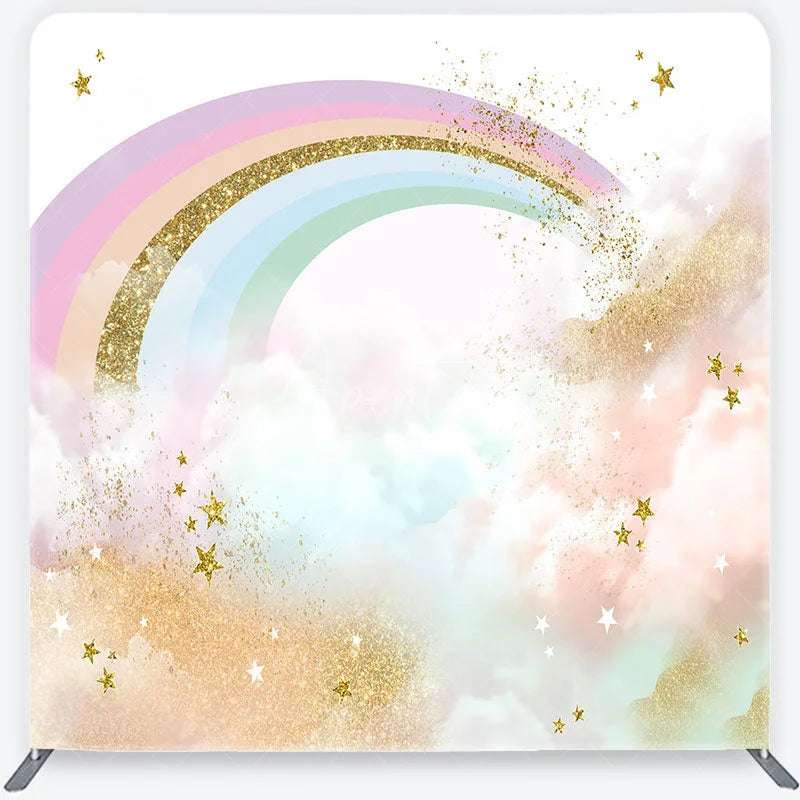 Aperturee - Aperturee Pastel Rainbow and Gold Glitter Stars Backdrop Magical Clouds Birthday Party Decor Tension Fabric Backdrop