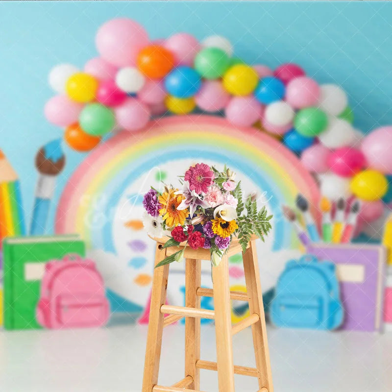 Aperturee - Aperturee Pastel Rainbow Back To School Backdrop School Supplies Balloon Arch Background Preschool Photography Banner