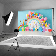 Aperturee - Aperturee Pastel Rainbow Back To School Backdrop School Supplies Balloon Arch Background Preschool Photography Banner