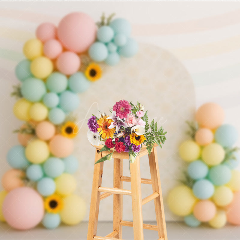 Aperturee Aperturee Pastel Rainbow Balloon Arch Cake Smash Backdrop Daisy and Sunflower Floral Groovy First Birthday Photo Prop