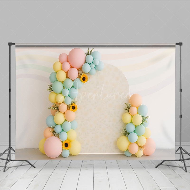 Aperturee Aperturee Pastel Rainbow Balloon Arch Cake Smash Backdrop Daisy and Sunflower Floral Groovy First Birthday Photo Prop