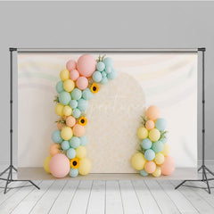 Aperturee Aperturee Pastel Rainbow Balloon Arch Cake Smash Backdrop Daisy and Sunflower Floral Groovy First Birthday Photo Prop