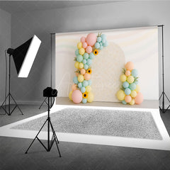 Aperturee Aperturee Pastel Rainbow Balloon Arch Cake Smash Backdrop Daisy and Sunflower Floral Groovy First Birthday Photo Prop