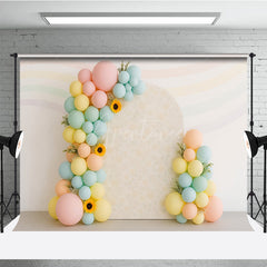 Aperturee Aperturee Pastel Rainbow Balloon Arch Cake Smash Backdrop Daisy and Sunflower Floral Groovy First Birthday Photo Prop