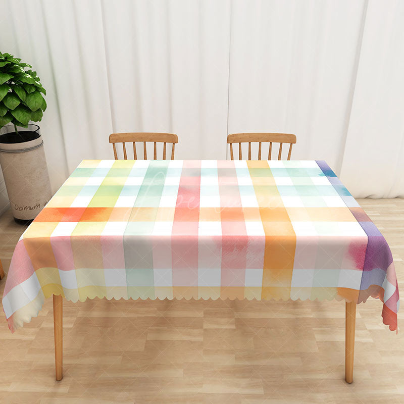 Aperturee - Aperturee Pastel Rainbow Checkered Rectangle Tablecloth in Pink Orange Blue and Purple for Girls Birthday