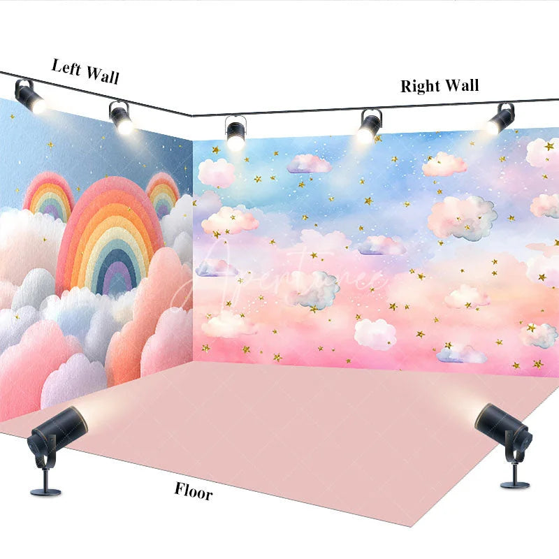 Aperturee - Aperturee Pastel Rainbow Clouds and Golden Stars Room Set Backdrop Dreamy Sky for Baby Shower Birthday