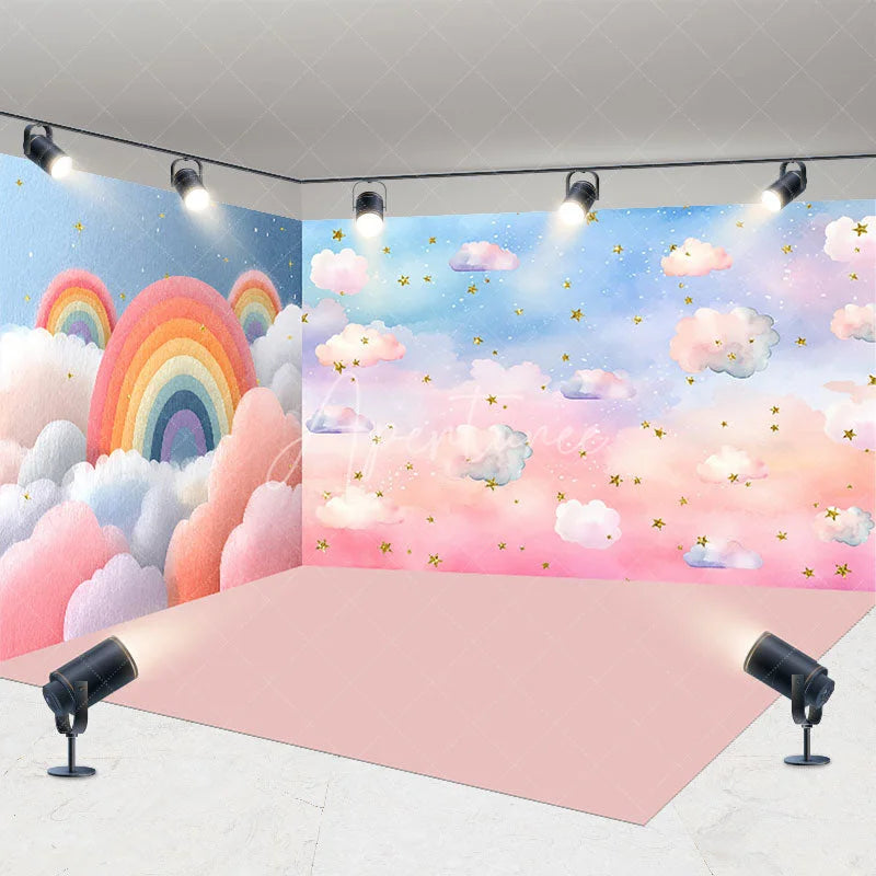 Aperturee - Aperturee Pastel Rainbow Clouds and Golden Stars Room Set Backdrop Dreamy Sky for Baby Shower Birthday