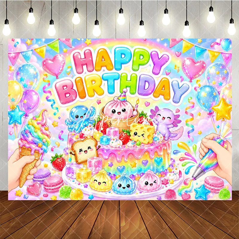 Aperturee - Aperturee Pastel Rainbow Happy Birthday Cake and Cute Characters Birthday Backdrop Whimsical Balloons Party Decor