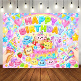Aperturee - Aperturee Pastel Rainbow Happy Birthday Cake and Cute Characters Birthday Backdrop Whimsical Balloons Party Decor