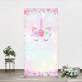 Aperturee - Aperturee Pastel Rainbow Unicorn Floral Rectangle Arch Backdrop Magical Birthday Baby Shower Decor