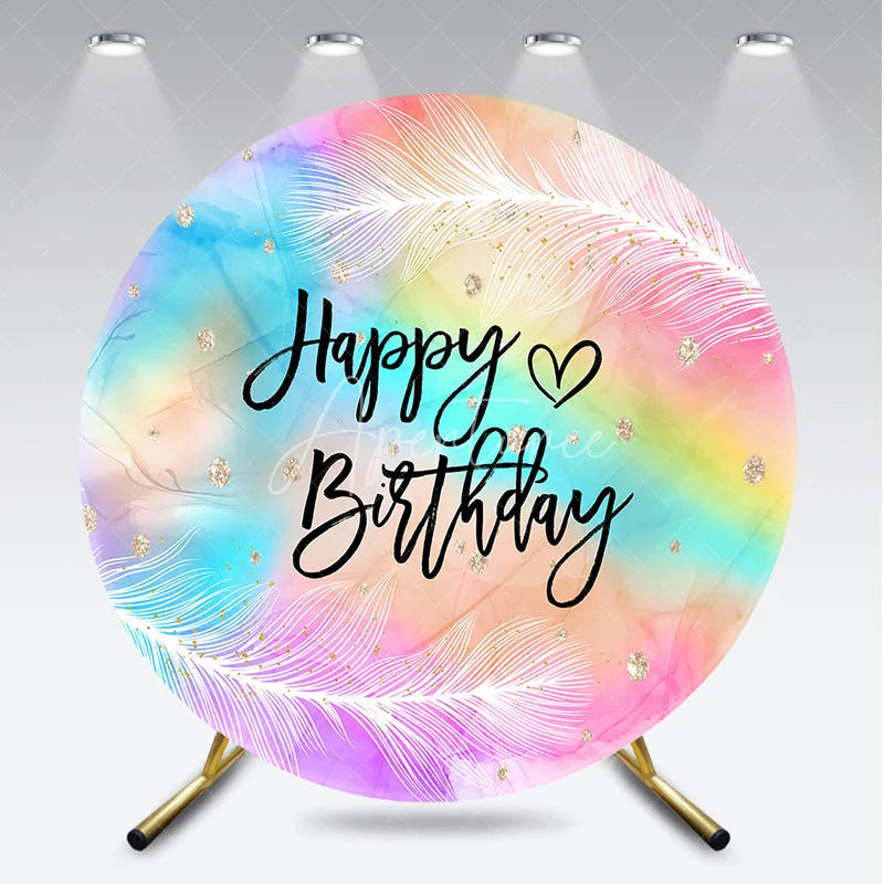 Aperturee - Aperturee Pastel Rainbow Watercolor Happy Birthday Round Backdrop with Feathers and Gold Glitter Dreamy Party Decor