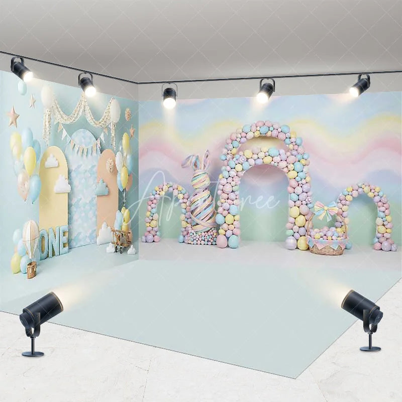 Aperturee - Aperturee Pastel Rainbow Waves and Bunny Room Set Backdrop First Birthday ONE Sign and Hot Air Balloons