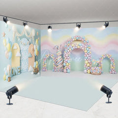 Aperturee - Aperturee Pastel Rainbow Waves and Bunny Room Set Backdrop First Birthday ONE Sign and Hot Air Balloons