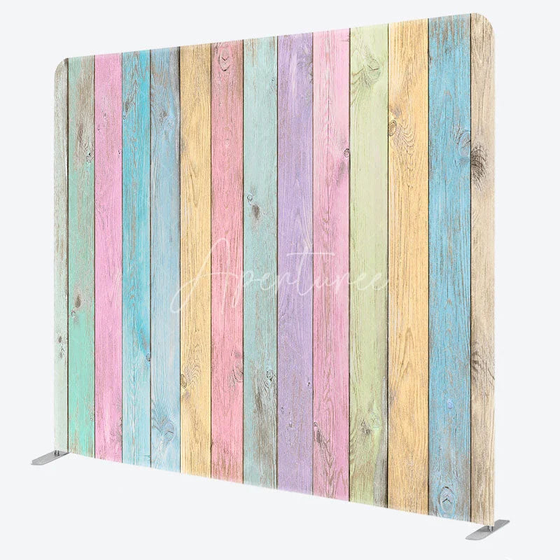 Aperturee - Aperturee Pastel Rainbow Wood Planks Double-Sided Tension Fabric Backdrop Shabby Chic Wall Easter Party Photo Booth