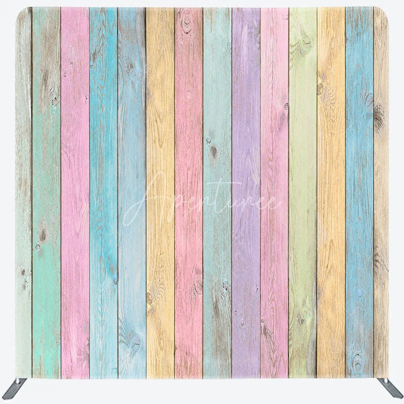 Aperturee - Aperturee Pastel Rainbow Wood Planks Double-Sided Tension Fabric Backdrop Shabby Chic Wall Easter Party Photo Booth