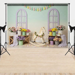 Aperturee - Aperturee Pastel Room Rocking Horse Combo Set Backdrop Spring Floral Nursery Photography Background