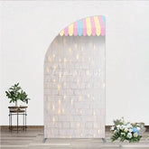 Aperturee - Aperturee Pastel Striped Awning Half Moon Arch Backdrop White Brick Wall with Fairy Lights Sweet Shop Party Decor