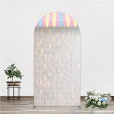 Aperturee - Aperturee Pastel Striped Awning White Brick Wall Round Top Arch Backdrop with String Lights Carnival Party Decor