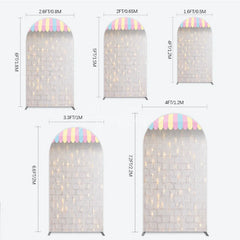 Aperturee - Aperturee Pastel Striped Awning White Brick Wall Round Top Arch Backdrop with String Lights Carnival Party Decor