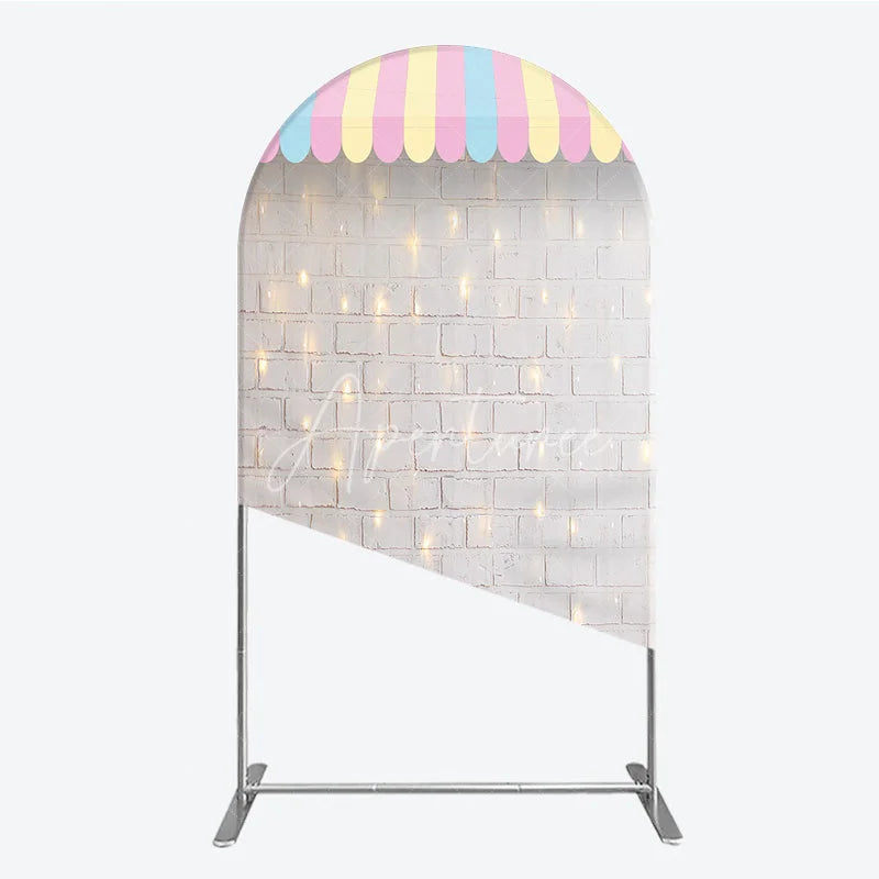Aperturee - Aperturee Pastel Striped Awning White Brick Wall Round Top Arch Backdrop with String Lights Carnival Party Decor