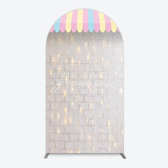 Aperturee - Aperturee Pastel Striped Awning White Brick Wall Round Top Arch Backdrop with String Lights Carnival Party Decor