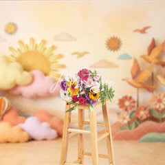 Aperturee - Aperturee Pastel Sun and Clouds Photography Backdrop Whimsical Hot Air Balloons and Birds for Baby Shower Decor
